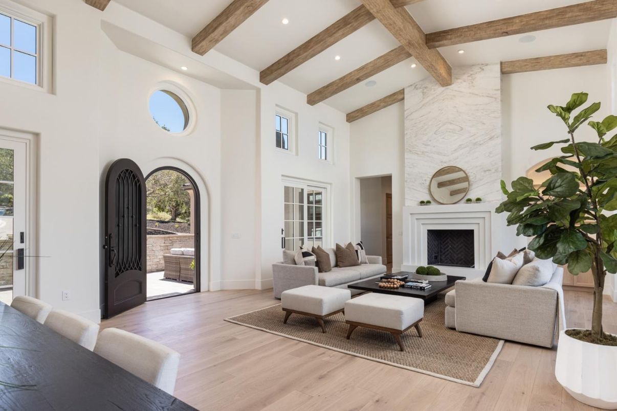 Fireplace, Interior, Living room, Recessed Lighting, Wooden Beams, Wood Texture Flooring