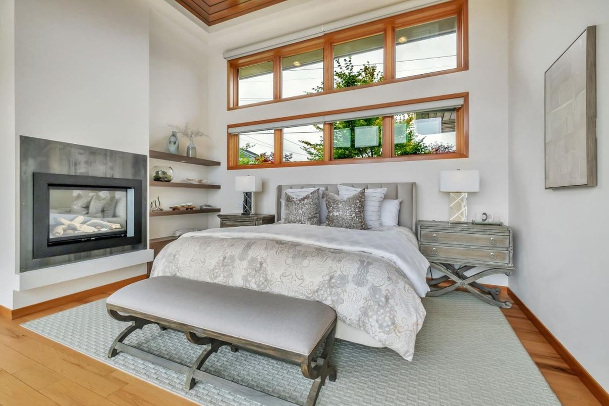 Bedroom, Fireplace, Interior, Wood Texture Flooring