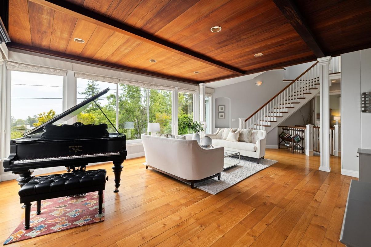 Interior, Living room, Piano, Recessed Lighting, Wooden Beams, Wooden Ceilings, Wood Texture Flooring