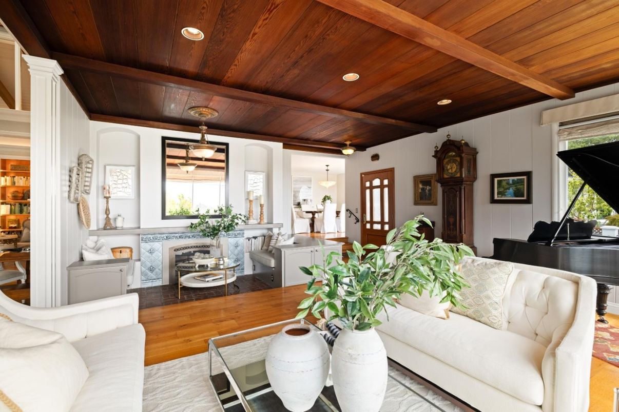 Interior, Living room, Piano, Recessed Lighting, Wooden Beams, Wooden Ceilings, Wood Texture Flooring