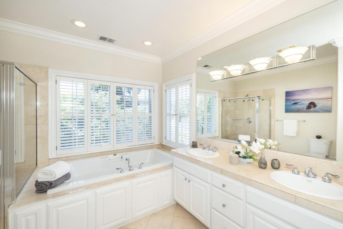 Bathroom, Dual Sink Vanities, Glass Shower, Interior, Recessed Lighting, Tile Countertops