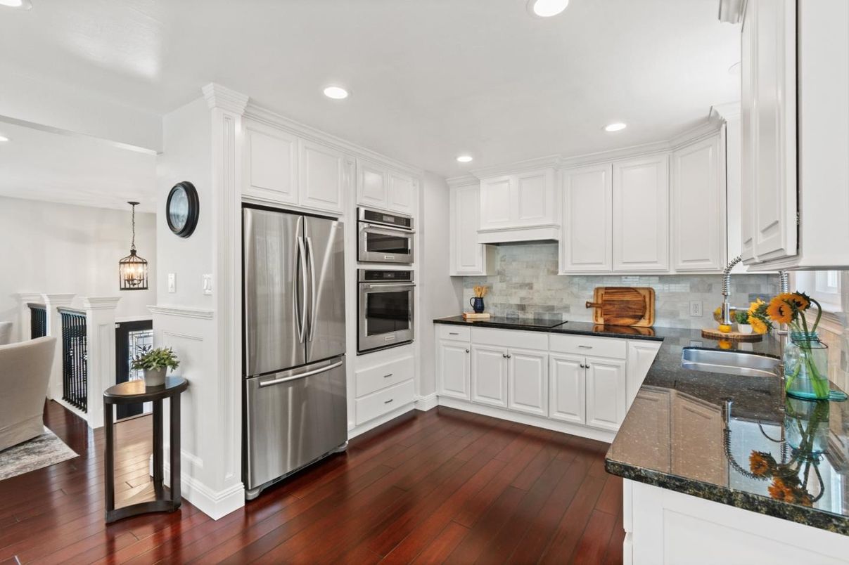 Interior, Kitchen, Pendant Lights, Recessed Lighting, Stainless Steel Appliances, Wood Texture Flooring