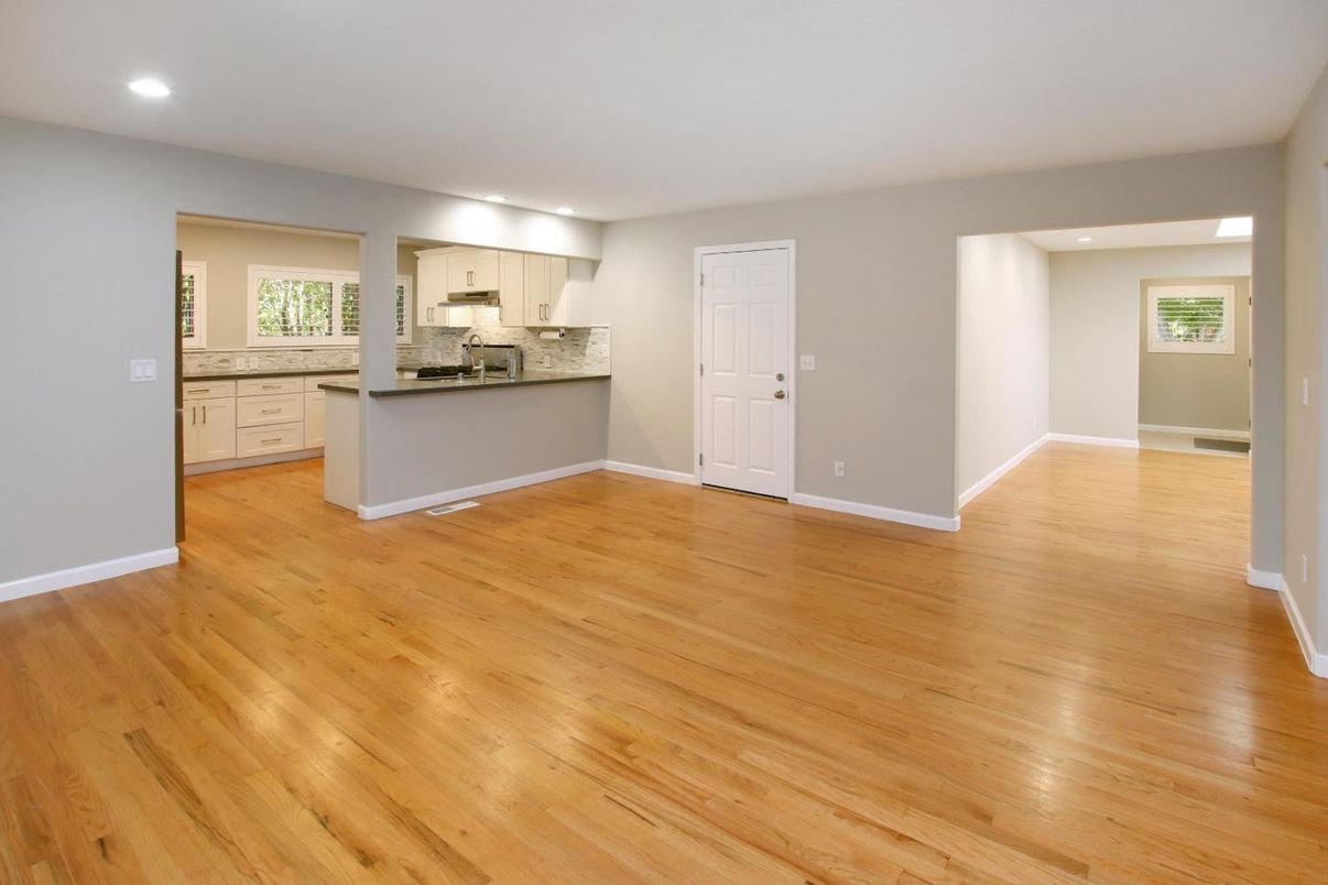 Empty room, Interior, Kitchen, Recessed Lighting, Wood Texture Flooring