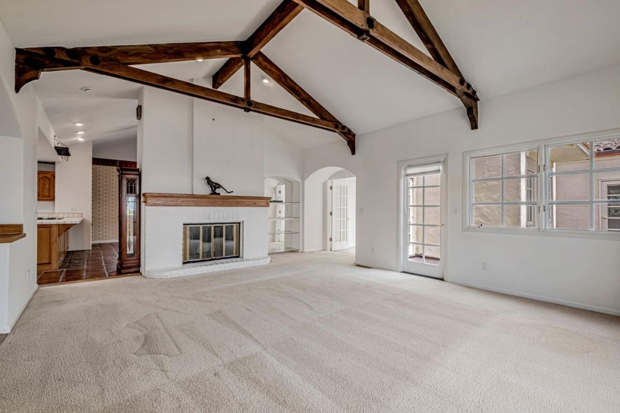 Empty room, Fireplace, Interior, Recessed Lighting, Wooden Beams