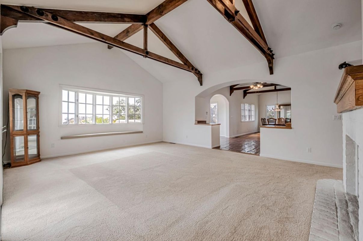 Chandelier, Empty room, Fireplace, Interior, Wooden Beams
