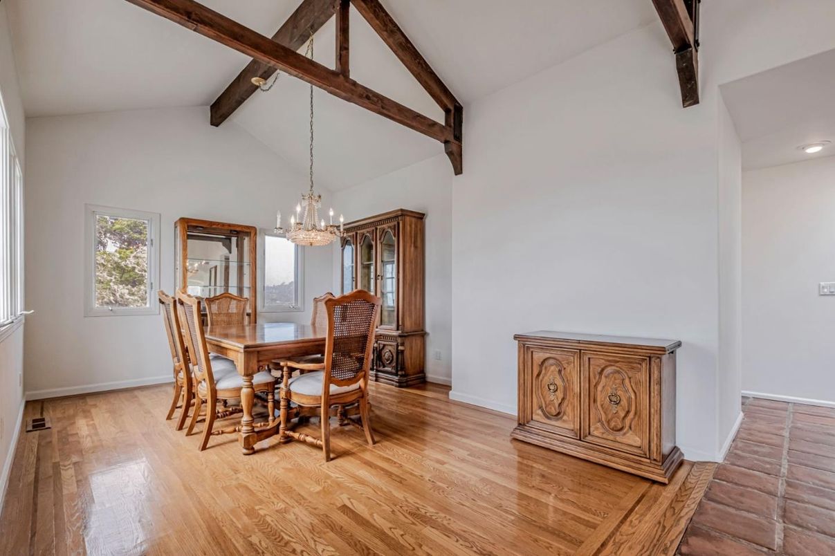 Chandelier, Dining room, Interior, Recessed Lighting, Wooden Beams, Wood Texture Flooring