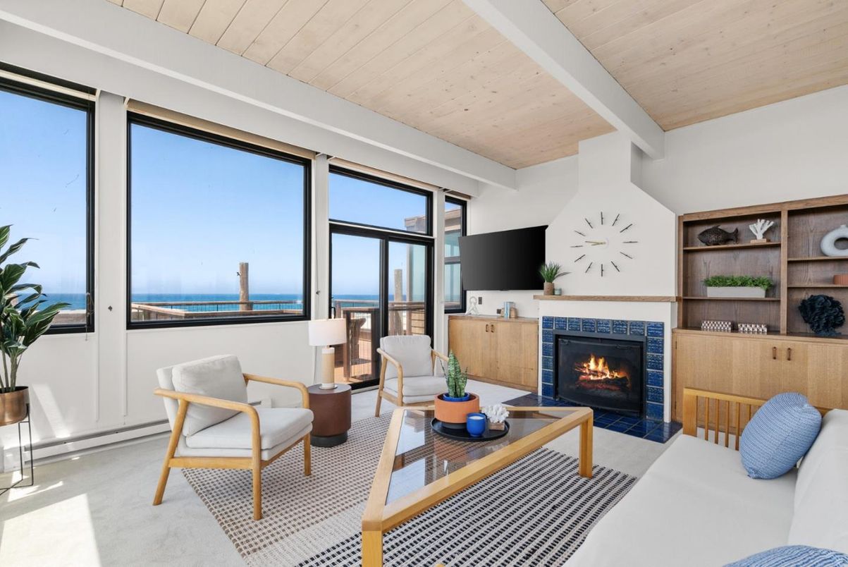 Fireplace, Interior, Living room, Water, Wooden Ceilings