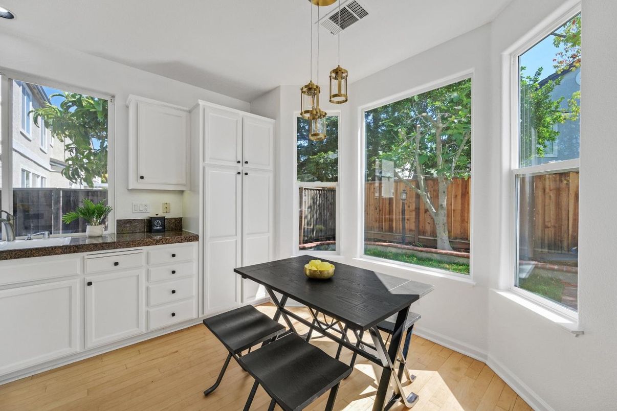 Dining room, Interior, Pendant Lights, Wood Texture Flooring