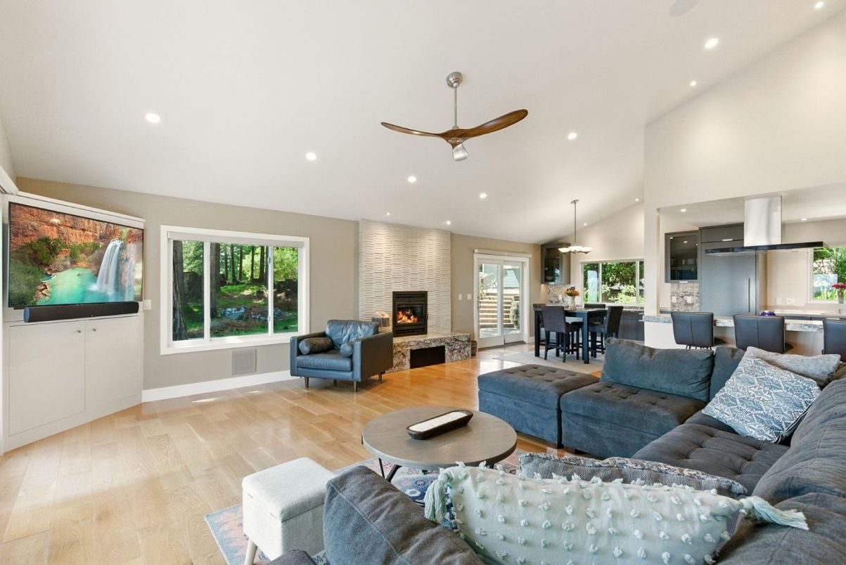 Dining room, Fireplace, Interior, Kitchen, Living room, Pendant Lights, Recessed Lighting, Stainless Steel Appliances, Wood Texture Flooring
