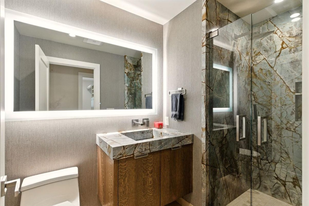 Bathroom, Glass Shower, Interior, Recessed Lighting, Tile Countertops