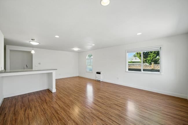 Empty room, Interior, Pendant Lights, Recessed Lighting, Wood Texture Flooring