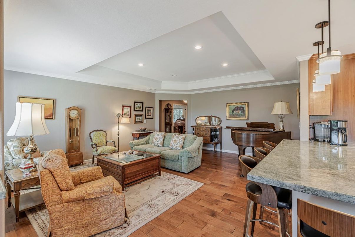 Interior, Living room, Piano, Recessed Lighting, Wood Texture Flooring