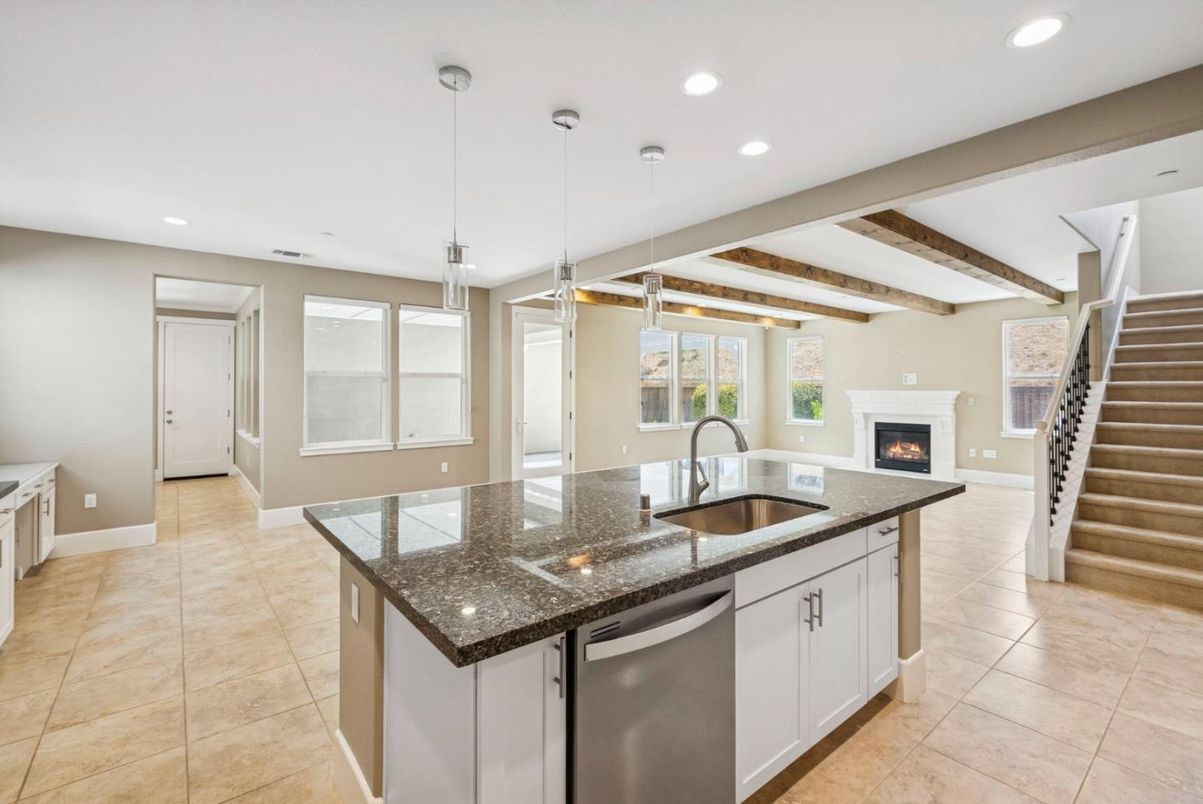 Fireplace, Interior, Kitchen, Pendant Lights, Recessed Lighting, Stainless Steel Appliances, Wooden Beams