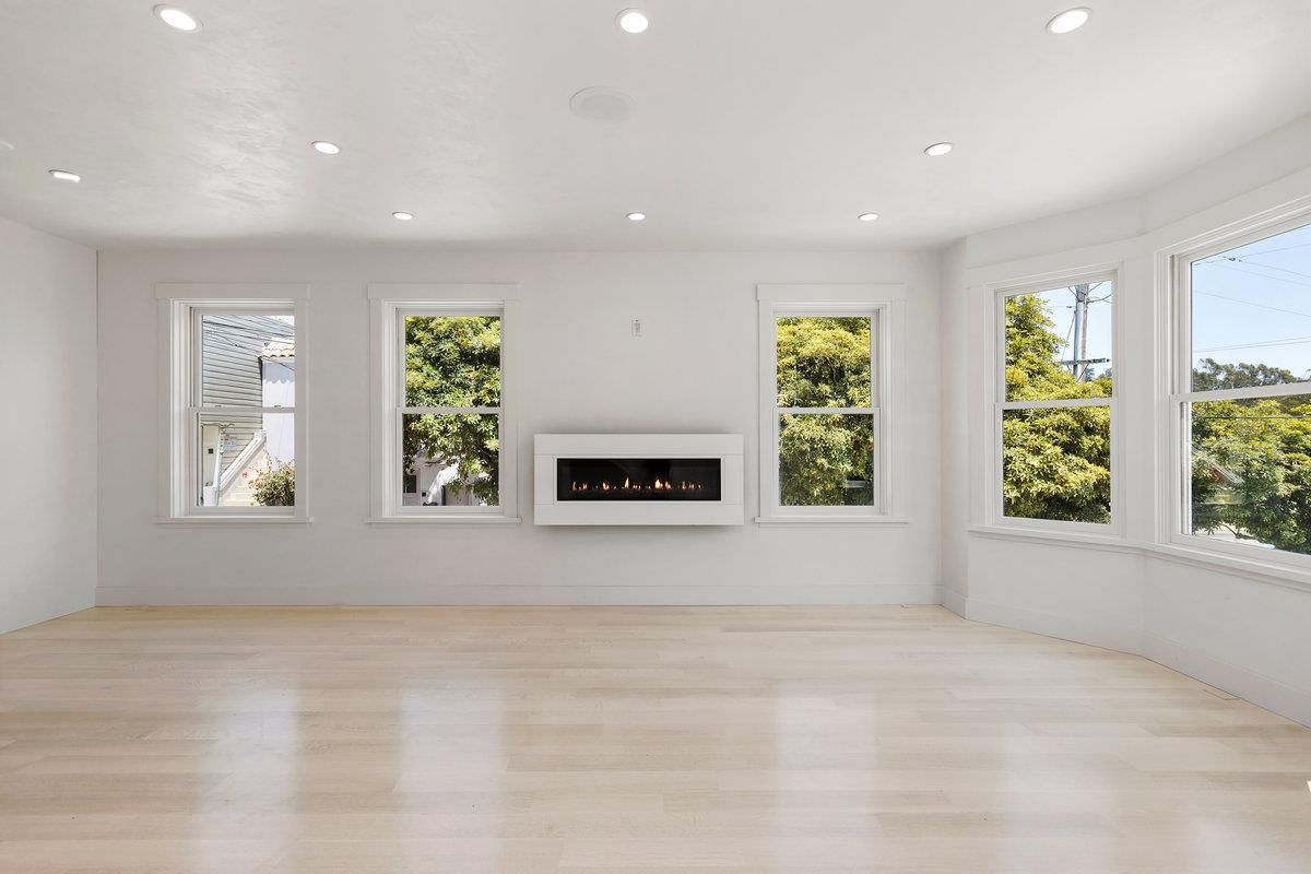 Empty room, Fireplace, Interior, Recessed Lighting, Wood Texture Flooring