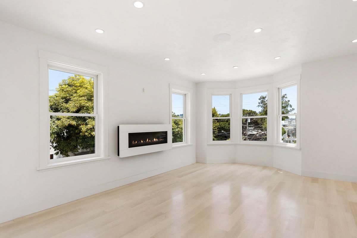 Empty room, Fireplace, Interior, Recessed Lighting, Wood Texture Flooring