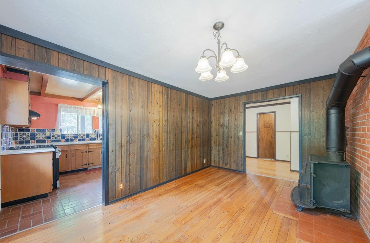 Chandelier, Empty room, Fireplace, Interior, Kitchen, Stone Walls, Wood Texture Flooring, Wooden Walls