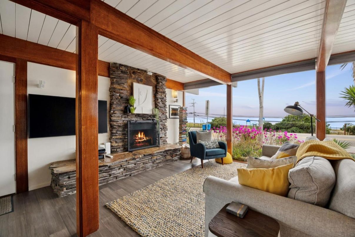 Fireplace, Interior, Living room, Stone Walls, Water, Wooden Beams, Wood Texture Flooring