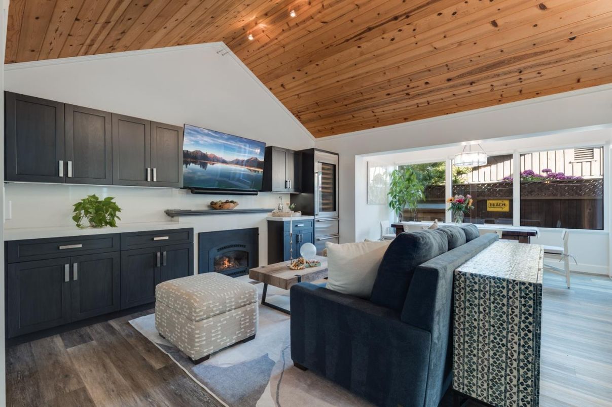 Dining room, Fireplace, Interior, Living room, Pendant Lights, Wooden Ceilings, Wood Texture Flooring