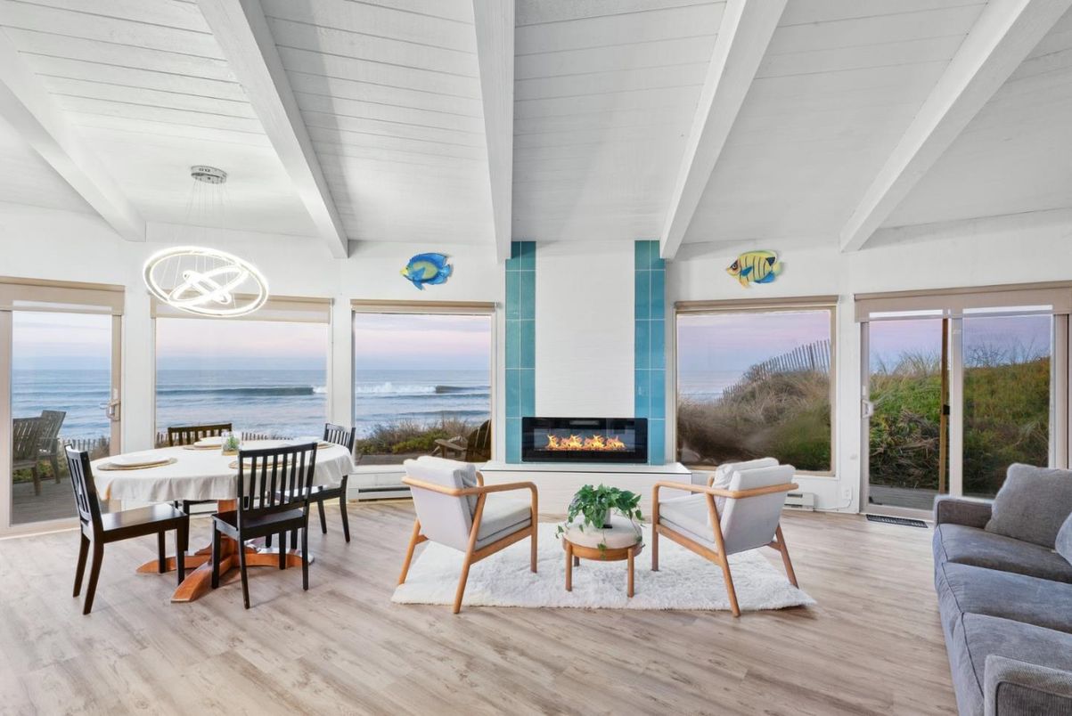Dining room, Fireplace, Interior, Living room, Pendant Lights, Water, Wood Texture Flooring