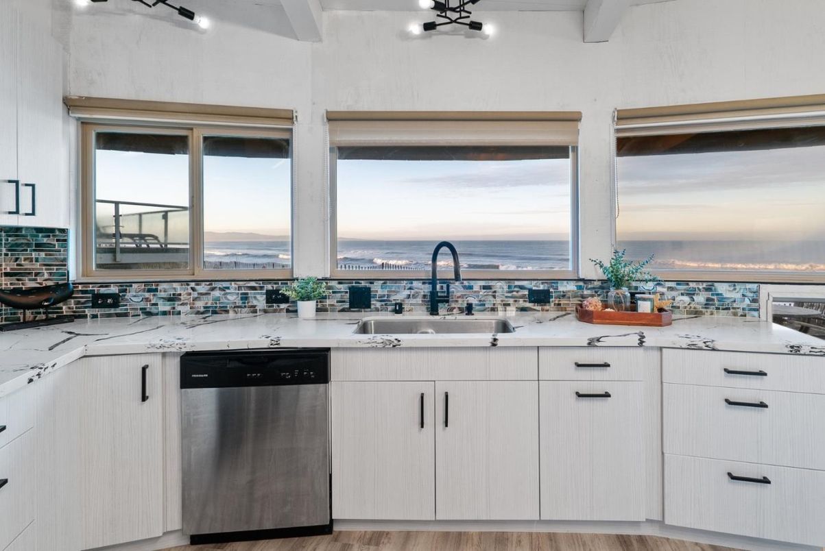 Interior, Kitchen, Stainless Steel Appliances, Water, Wood Texture Flooring