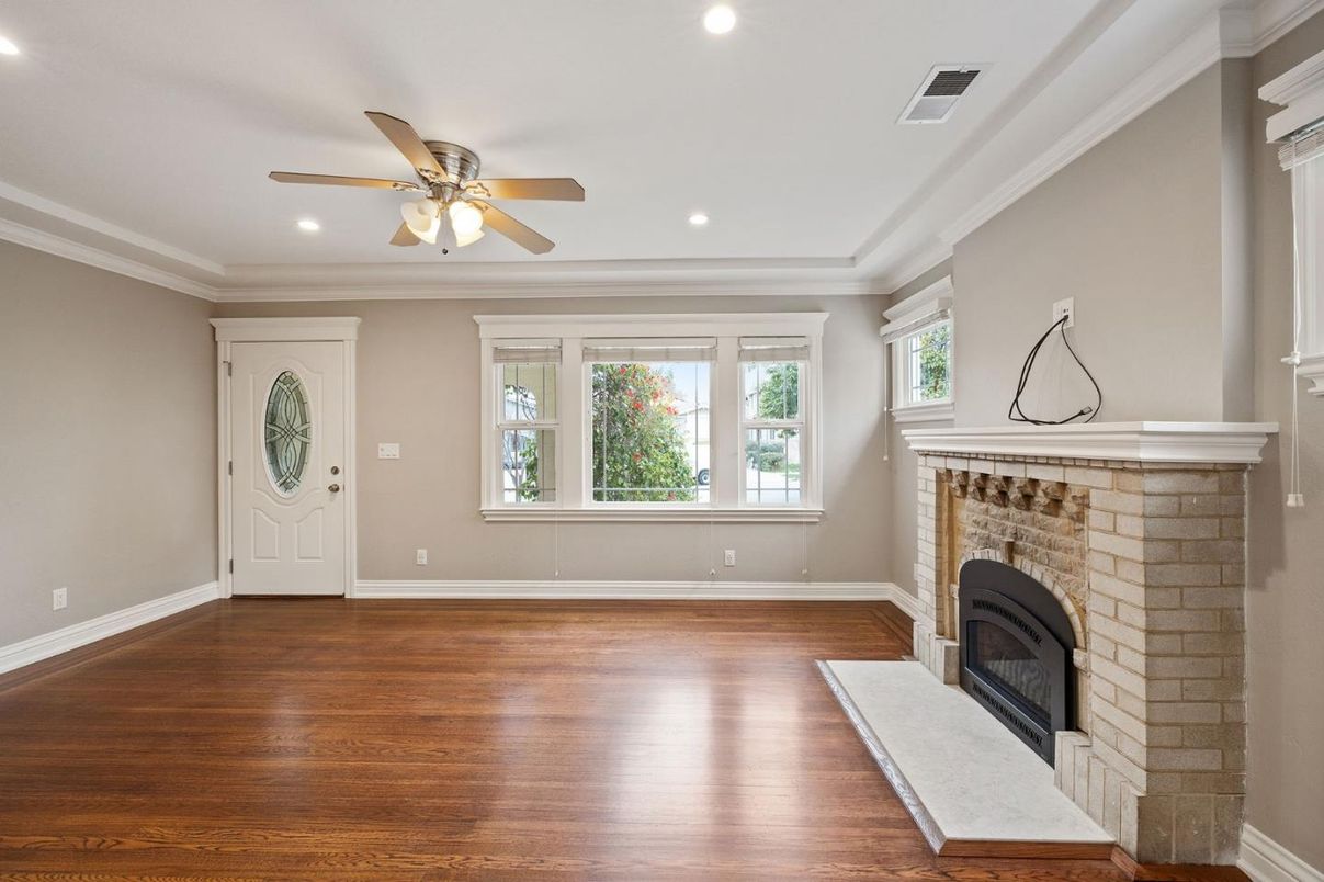 Empty room, Fireplace, Interior, Recessed Lighting, Wood Texture Flooring