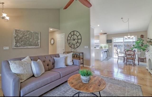 Chandelier, Dining room, Interior, Kitchen, Living room, Pendant Lights, Recessed Lighting, Wood Texture Flooring