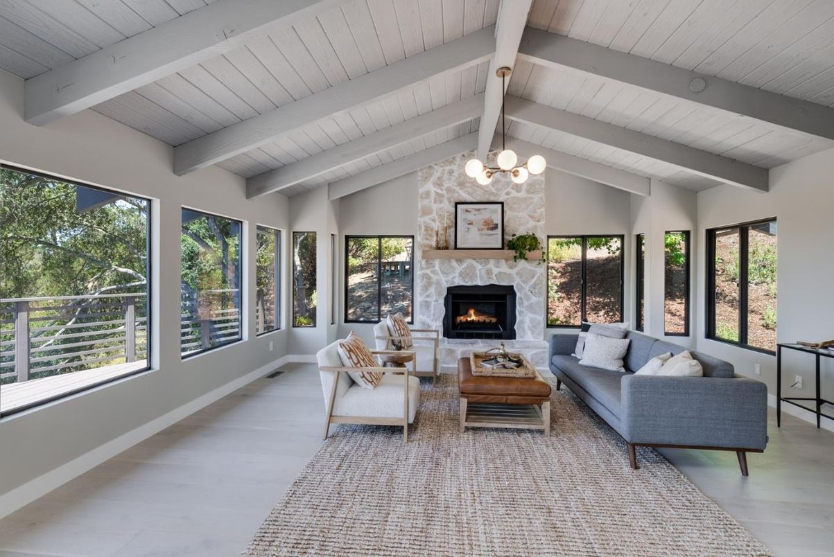 Fireplace, Interior, Living room, Pendant Lights, Wood Texture Flooring