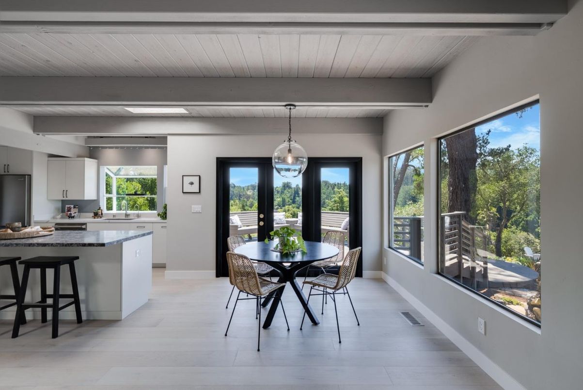 Dining room, Interior, Kitchen, Pendant Lights, Wood Texture Flooring