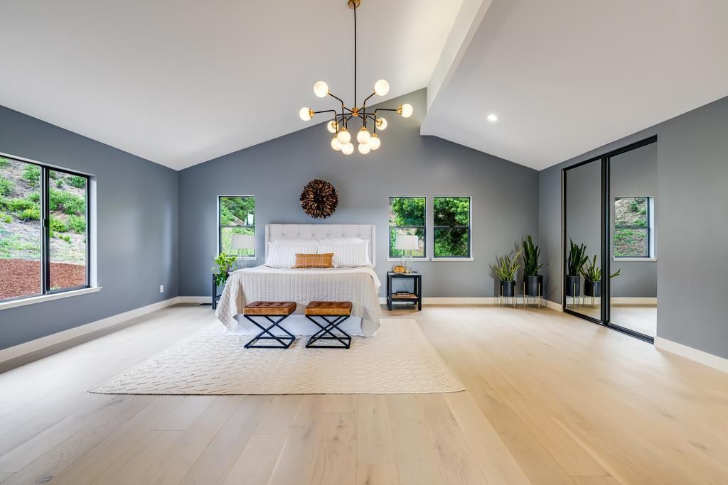 Bedroom, Interior, Pendant Lights, Recessed Lighting, Wood Texture Flooring