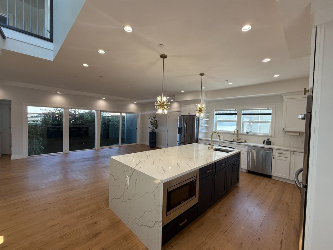 Interior, Kitchen, Pendant Lights, Recessed Lighting, Stainless Steel Appliances, Wood Texture Flooring