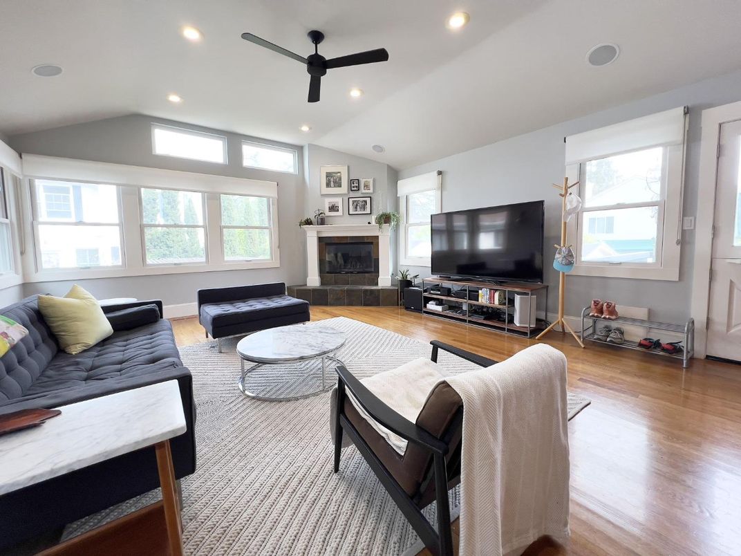Fireplace, Interior, Living room, Recessed Lighting, Wood Texture Flooring