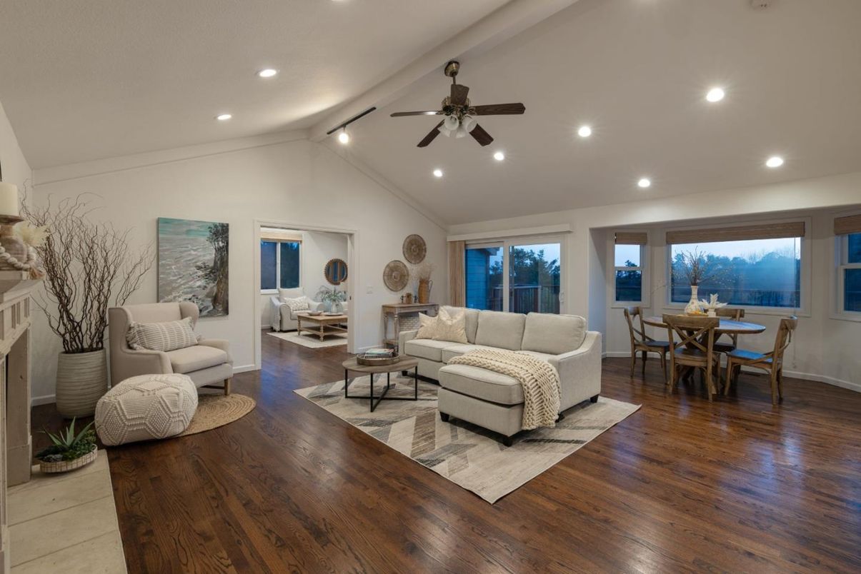 Dining room, Fireplace, Interior, Living room, Recessed Lighting, Wood Texture Flooring