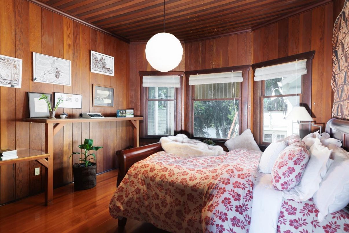 Bedroom, Interior, Pendant Lights, Wooden Ceilings, Wood Texture Flooring, Wooden Walls