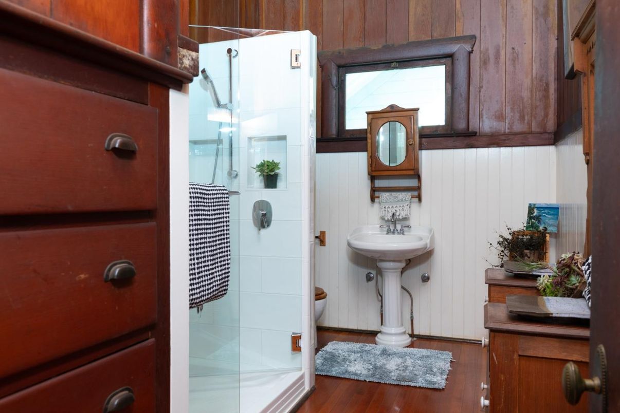 Bathroom, Glass Shower, Interior, Wood Texture Flooring