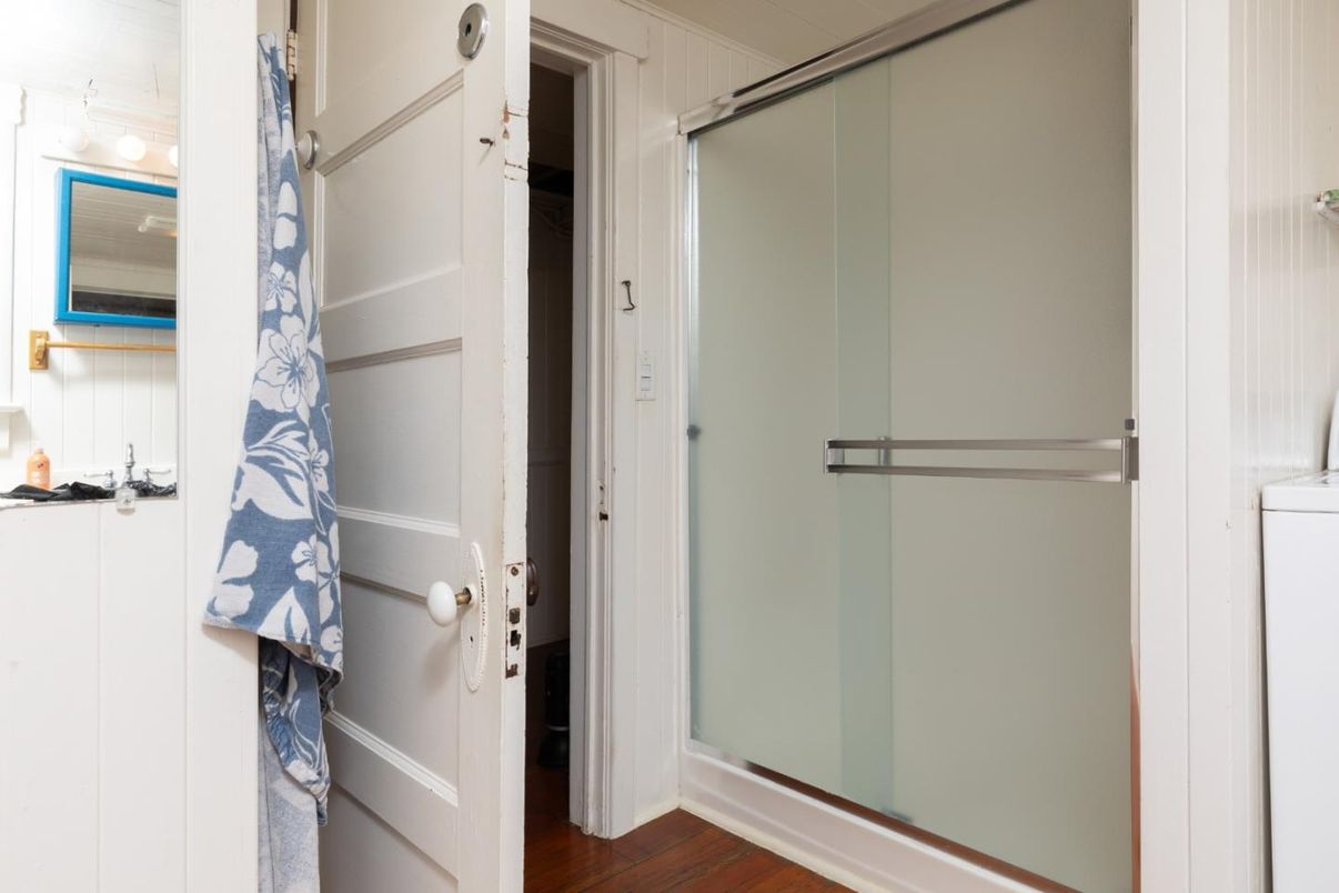 Bathroom, Glass Shower, Interior, Wood Texture Flooring