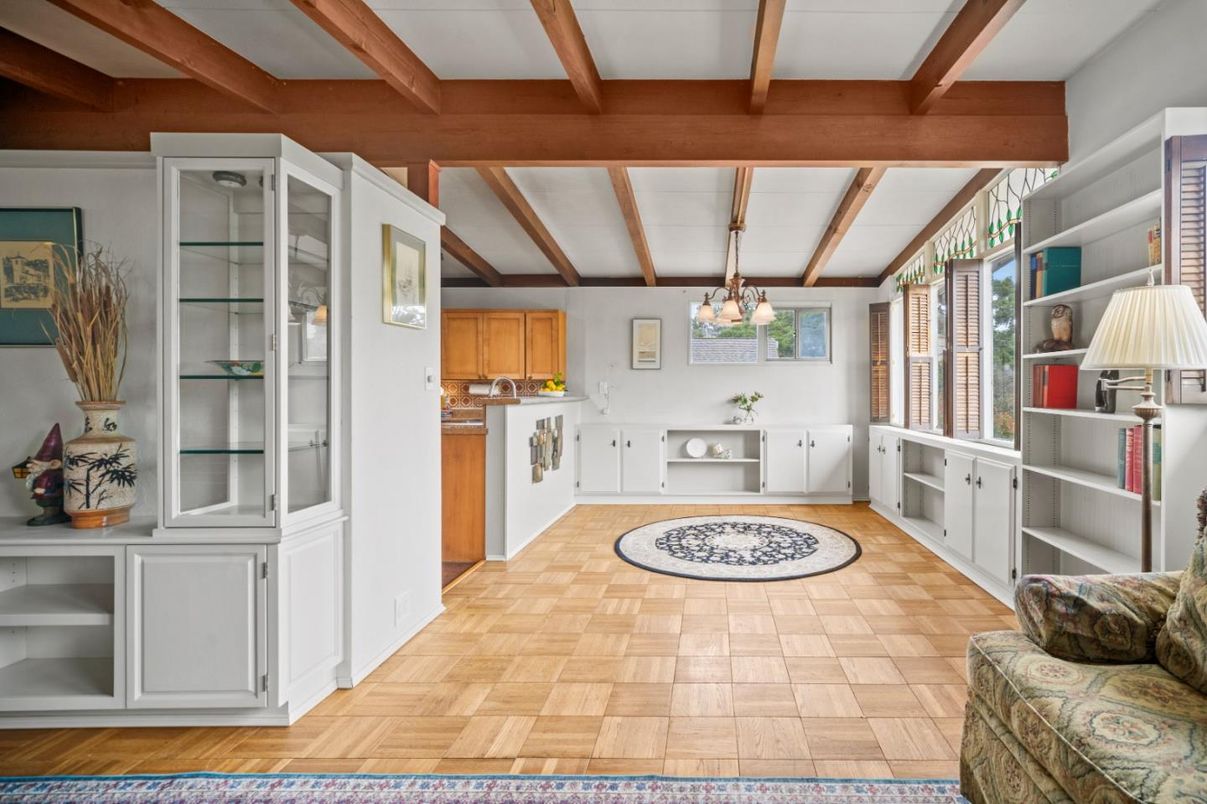 Chandelier, Interior, Kitchen, Wooden Beams, Wood Texture Flooring