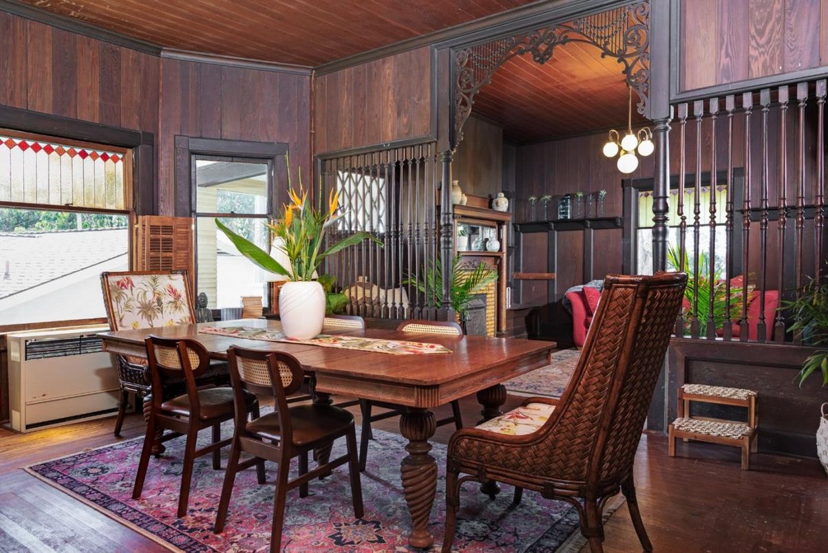 Chandelier, Dining room, Interior, Wooden Ceilings, Wood Texture Flooring, Wooden Walls