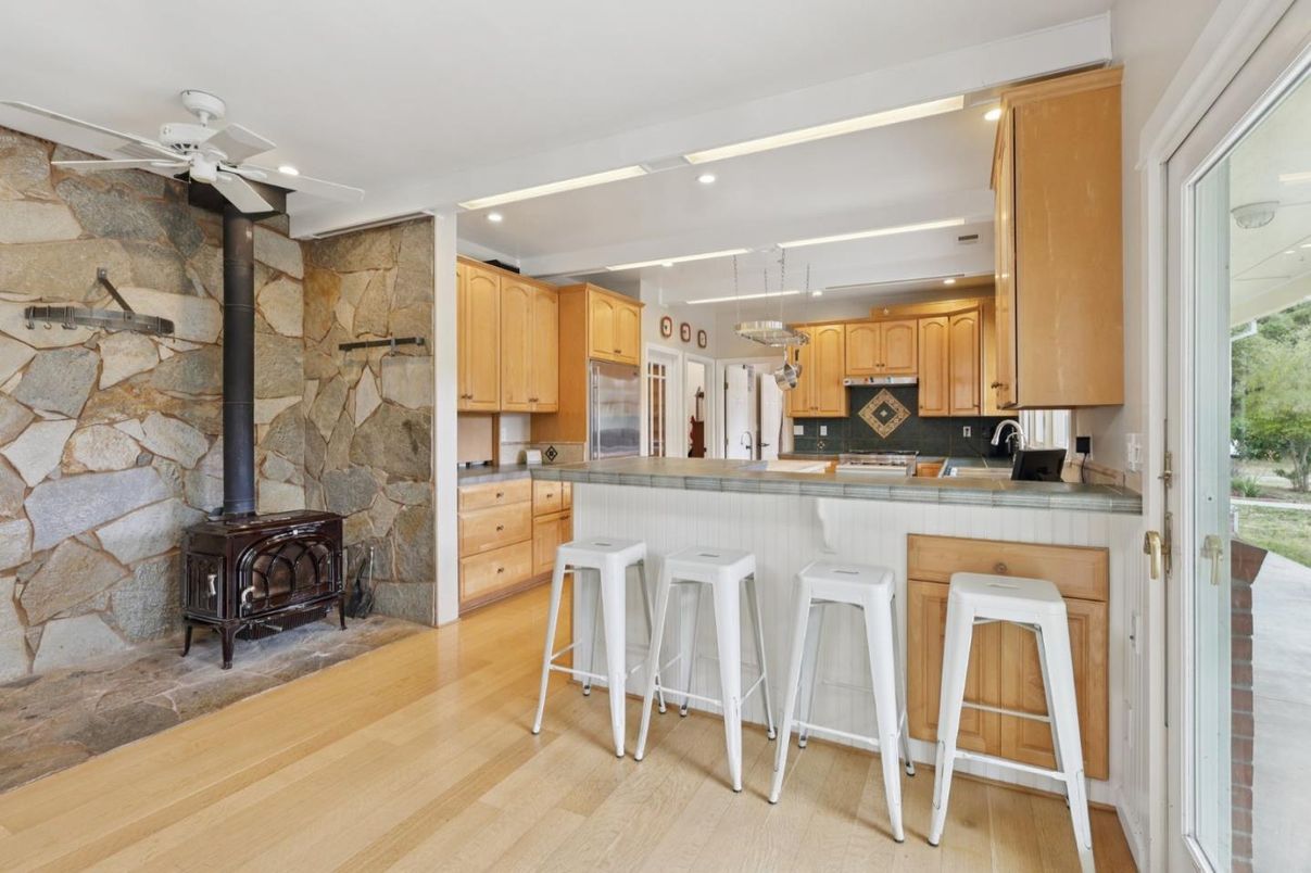 Interior, Kitchen, Pendant Lights, Recessed Lighting, Stone Walls, Wood Texture Flooring