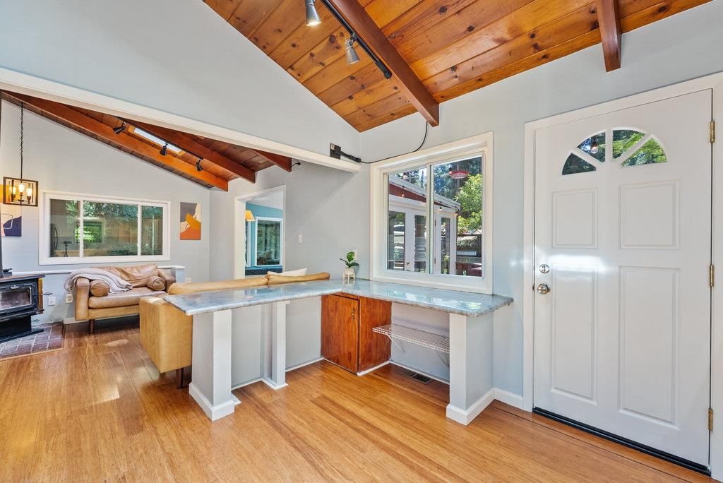 Fireplace, Interior, Living room, Pendant Lights, Wooden Beams, Wooden Ceilings, Wood Texture Flooring