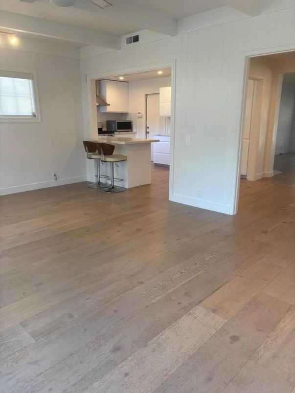 Empty room, Interior, Kitchen, Recessed Lighting, Wood Texture Flooring