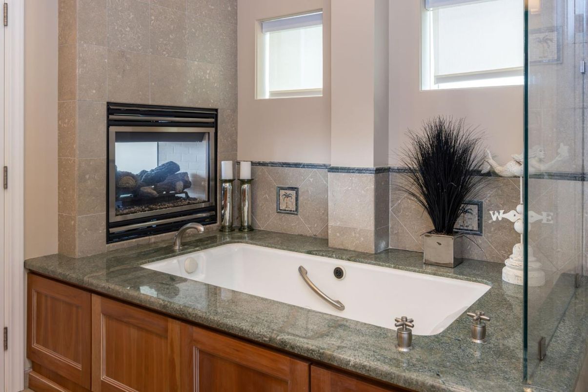Bathroom, Fireplace, Glass Shower, Interior