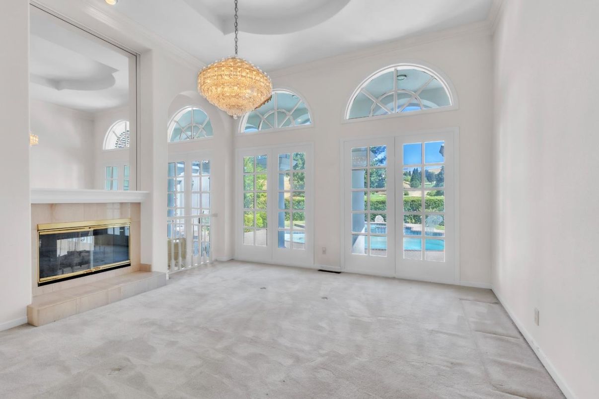 Chandelier, Empty room, Fireplace, Interior