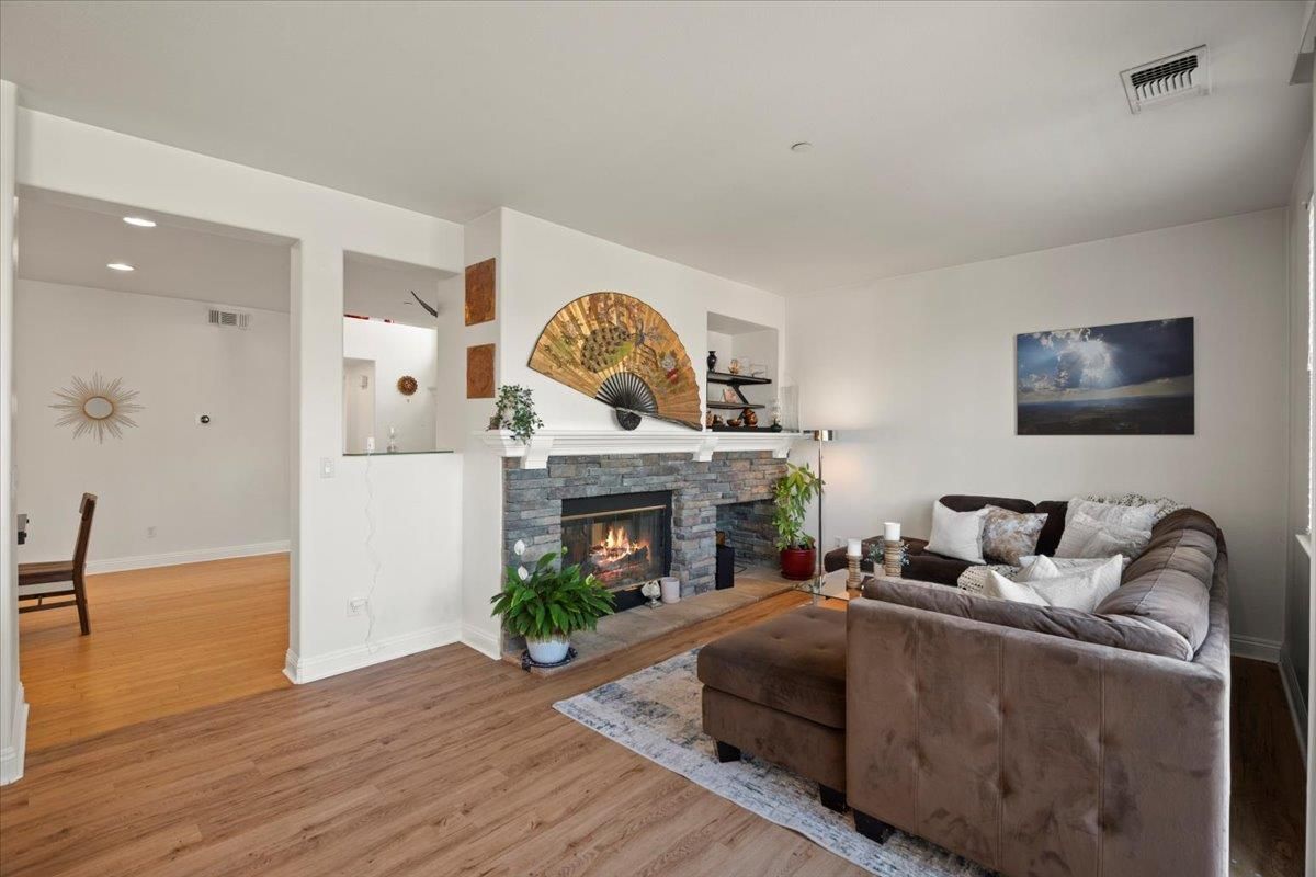 Fireplace, Interior, Living room, Recessed Lighting, Wood Texture Flooring