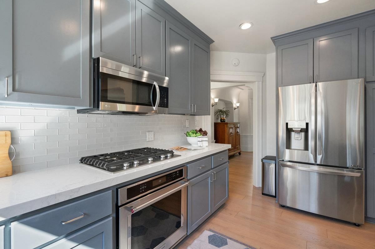 Interior, Kitchen, Recessed Lighting, Stainless Steel Appliances, Wood Texture Flooring