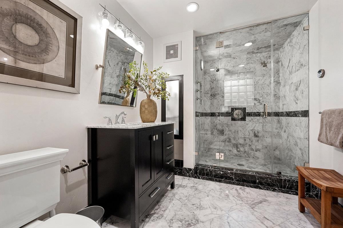 Bathroom, Glass Shower, Interior, Marble, Marble Walls, Recessed Lighting