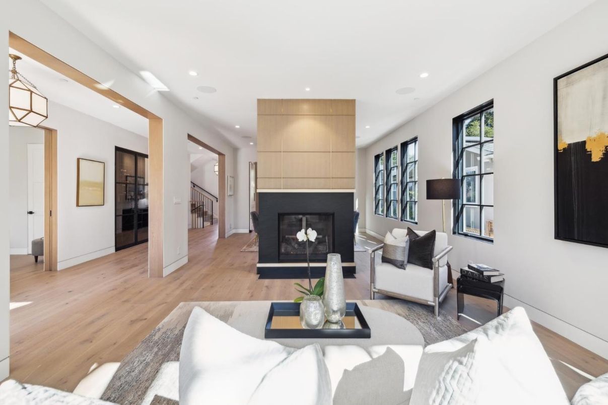 Fireplace, Interior, Living room, Recessed Lighting, Wood Texture Flooring