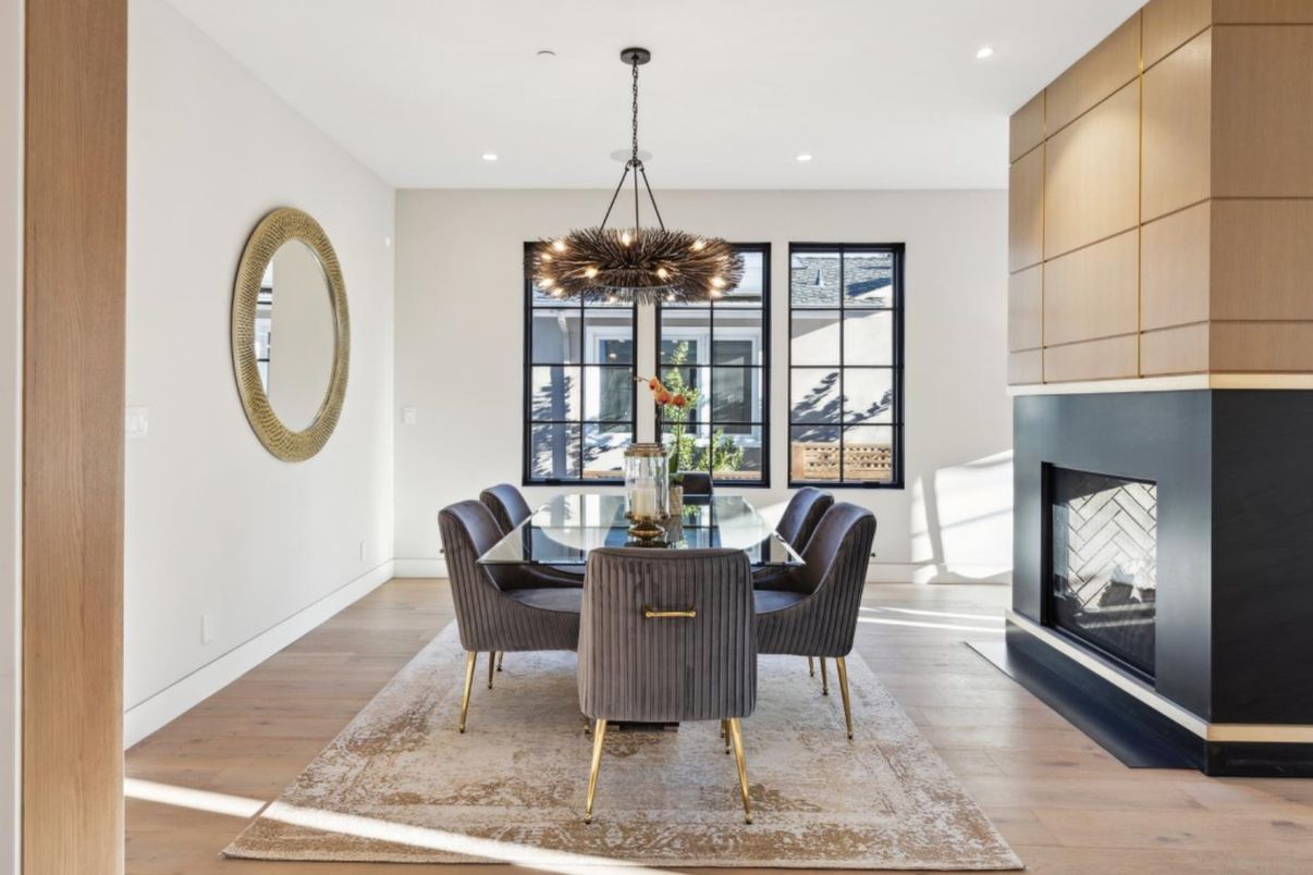 Dining room, Fireplace, Interior, Pendant Lights, Recessed Lighting, Wood Texture Flooring