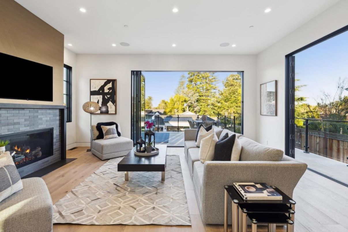 Fireplace, Interior, Living room, Recessed Lighting, Wood Texture Flooring