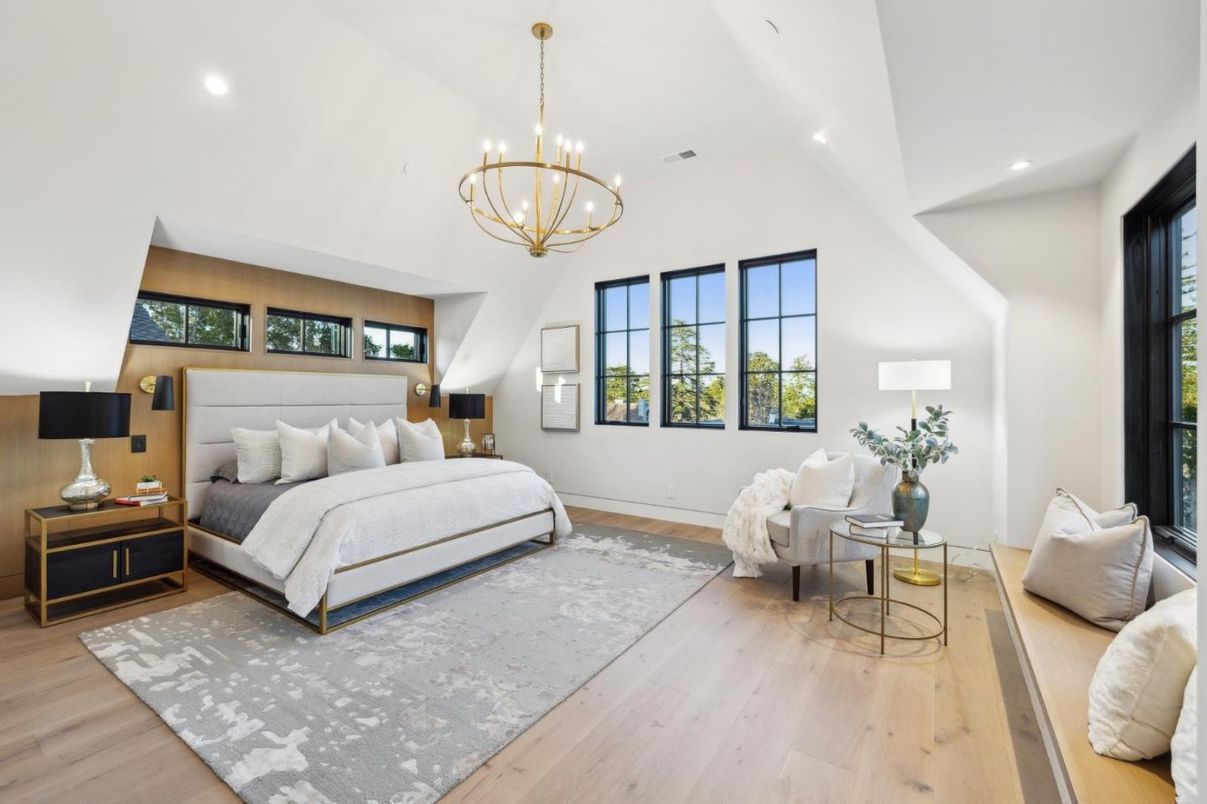 Bedroom, Chandelier, Interior, Recessed Lighting, Wood Texture Flooring
