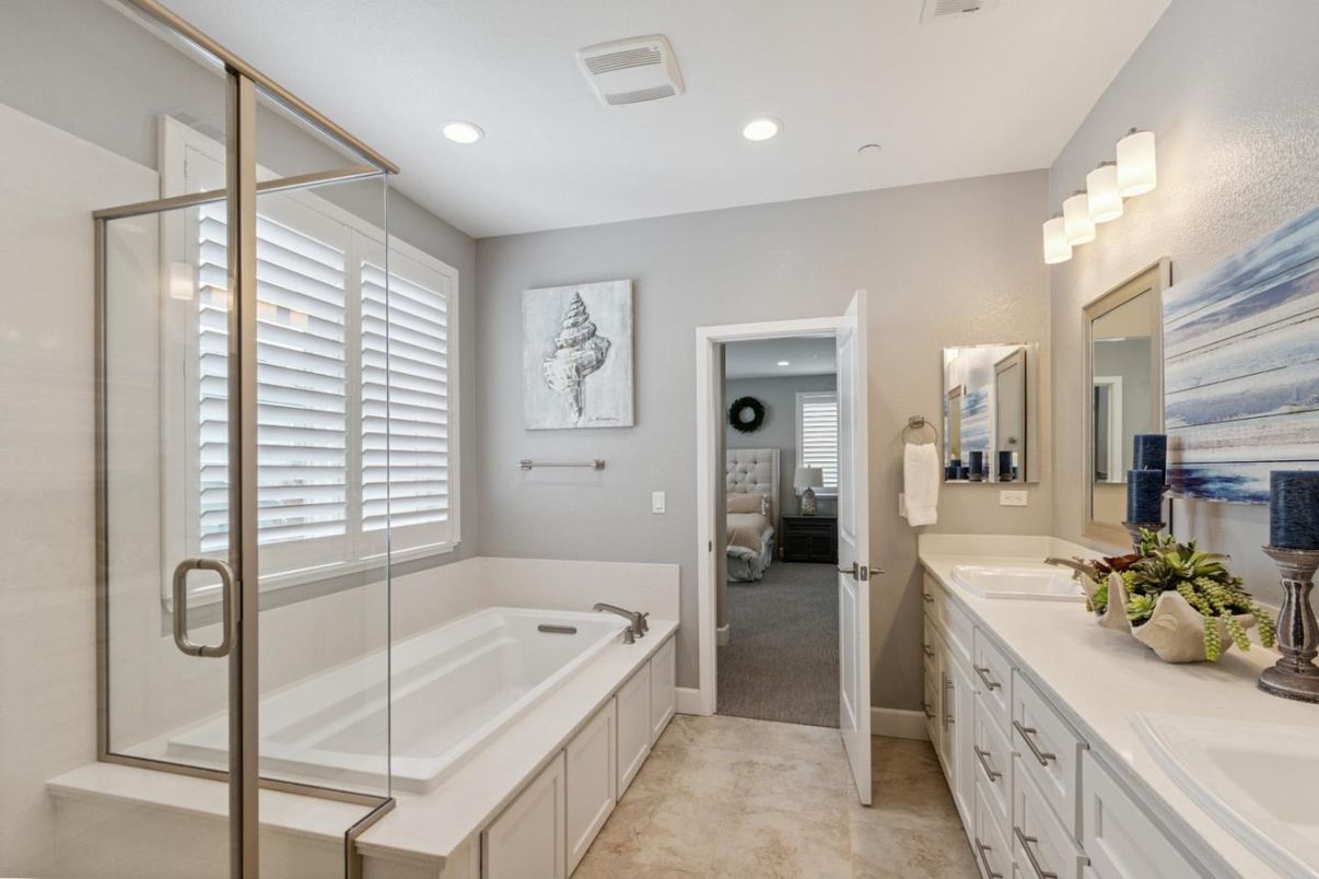 Bathroom, Dual Sink Vanities, Glass Shower, Interior, Recessed Lighting